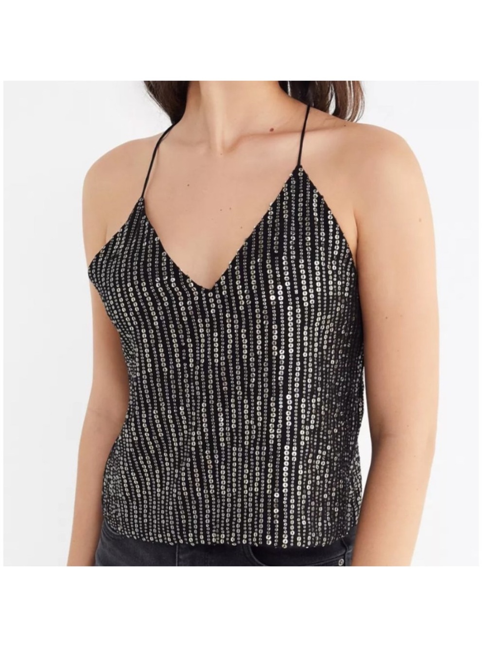 Urban Outfitters Black Sequin Spaghetti Strap V-Neck Cami